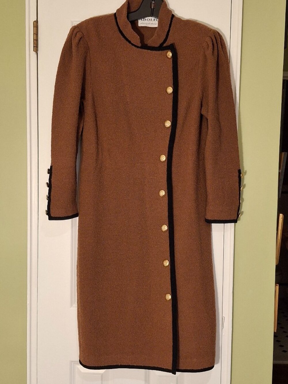 Adolfo 80's Brown Sweater Dress /Blk Trim Brass Buttons, Length 43, Pit16.5